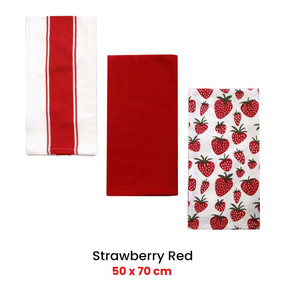 Home Oasis Set of 3 Printed Cotton Rich Tea Towels 50 x 70 cm Strawberry Red - RnR Galore
