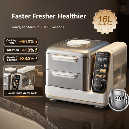 Hoper Layer Electric Food Steamer 16L Large Capacity 10 Second Start 24H Timer Independent Water Tank - RnR Galore