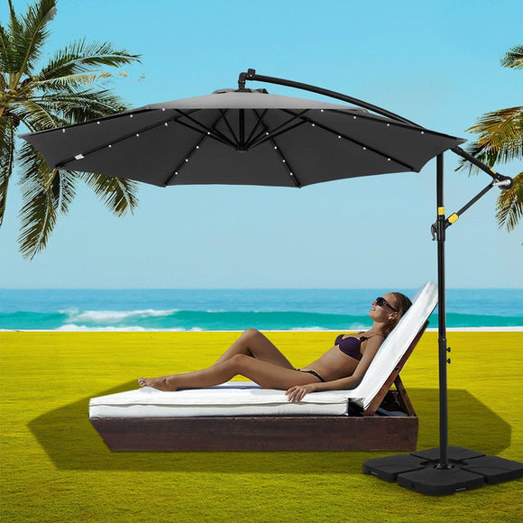 Instahut Outdoor Umbrella 3M Cantilever Beach LED Base Garden Sun Patio Charcoal - RnR Galore