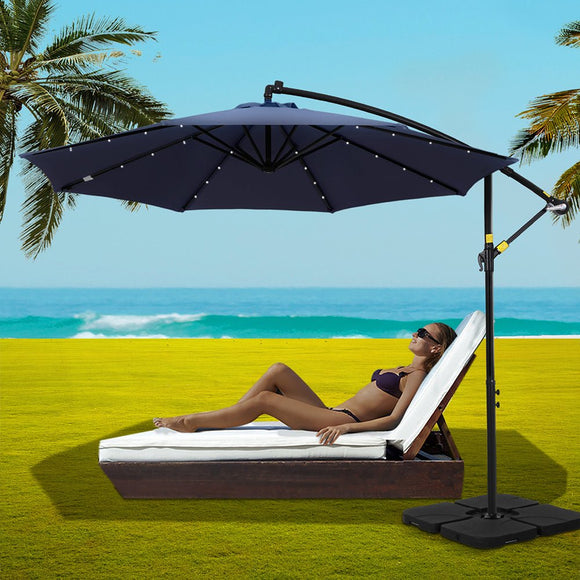 Instahut Outdoor Umbrella 3M Cantilever Beach LED w/Base Garden Shade Patio Navy - RnR Galore