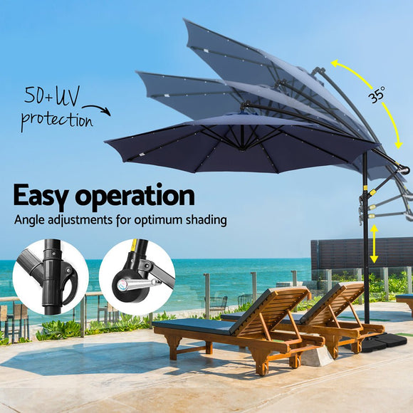 Instahut Outdoor Umbrella 3M Cantilever Beach LED w/Base Garden Shade Patio Navy - RnR Galore