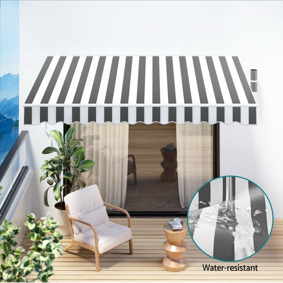 Instahut Retractable Folding Arm Awning Manual Sunshade 4Mx3M Grey White - RnR Galore