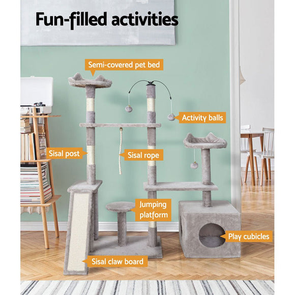 i.Pet Cat Tree 135cm Tower Scratching Post Scratcher Wood Condo House Toys Grey - RnR Galore