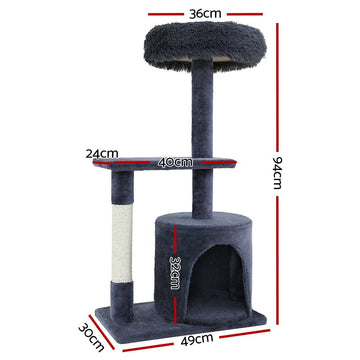 i.Pet Cat Tree 94cm Scratching Post Tower Scratcher Condo House Wood Trees Grey - RnR Galore