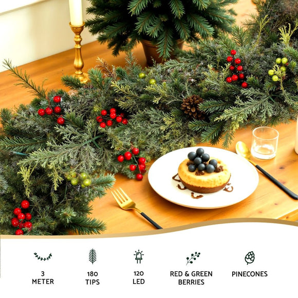 Jingle Jollys 3M Christmas Garland Pre - lit LED with Pine Cones Xmas Decor Green - RnR Galore