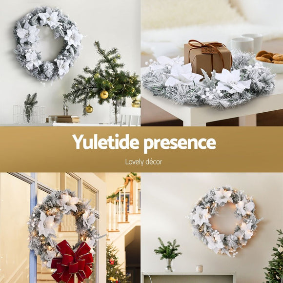 Jingle Jollys 60cm Christmas Wreath LED Lights Snowy Flowers Garland Party Decor - RnR Galore