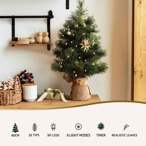 Jingle Jollys Christmas Tree 60CM Mini Tabletop 8 Light Modes Timer Xmas Tree - RnR Galore
