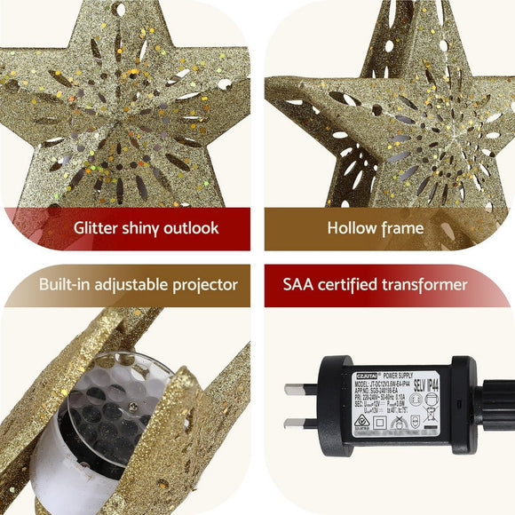 Jingle Jollys Christmas Tree Topper Star Snowflake Projector Party Glitter Gold - RnR Galore