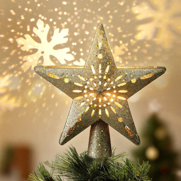 Jingle Jollys Christmas Tree Topper Star Snowflake Projector Party Glitter Gold - RnR Galore
