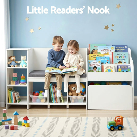 Keezi Kids Storage Unit Bookshelf Toy Box Organiser Bench Seat Cabinet 170cm White - RnR Galore