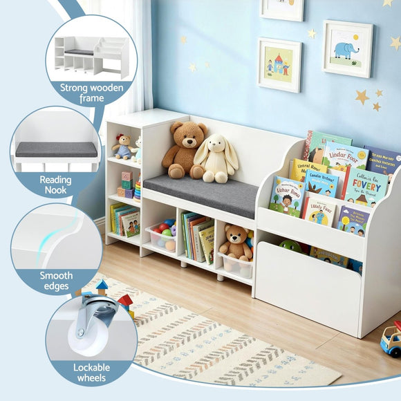 Keezi Kids Storage Unit Bookshelf Toy Box Organiser Bench Seat Cabinet 170cm White - RnR Galore