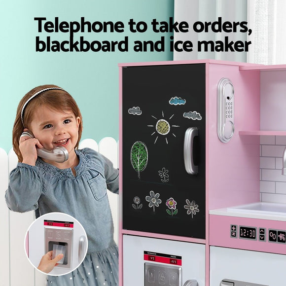 Keezi Kids Wooden Pretend Kitchen Play Set Cooking Toys Pot Ice Cup Oven Blackboard 80CM Pink - RnR Galore