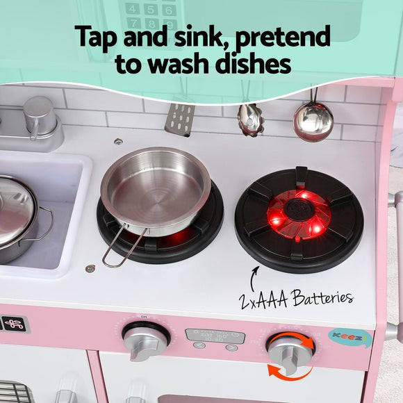 Keezi Kids Wooden Pretend Kitchen Play Set Cooking Toys Pot Ice Cup Oven Blackboard 80CM Pink - RnR Galore