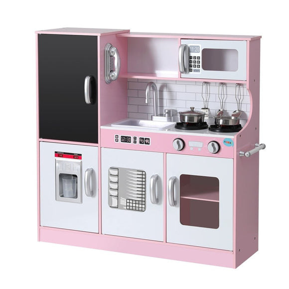 Keezi Kids Wooden Pretend Kitchen Play Set Cooking Toys Pot Ice Cup Oven Blackboard 80CM Pink - RnR Galore