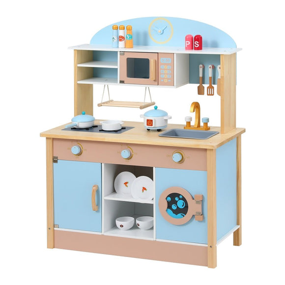 Keezi Kids Wooden Pretend Kitchen Play Sets Cooking Toys Pot Pan Bowls Oven Dishwasher 80CM Blue - RnR Galore