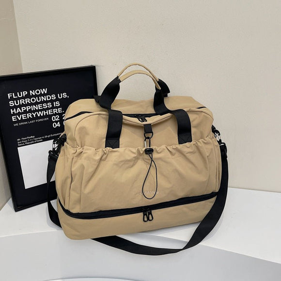 khaki and Black Large Capacity Travel Bag with Wet/Dry Separation - Canvas + Polyester, Lightweight Handbag for Short Trips and Fitness, Fits on Luggage - RnR Galore