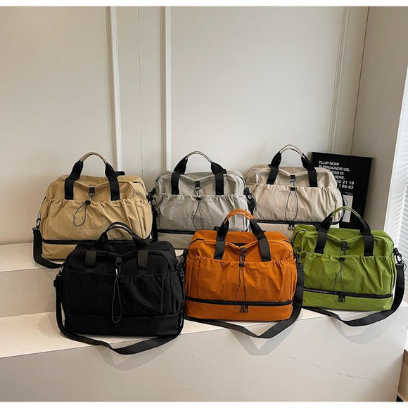 khaki and Black Large Capacity Travel Bag with Wet/Dry Separation - Canvas + Polyester, Lightweight Handbag for Short Trips and Fitness, Fits on Luggage - RnR Galore