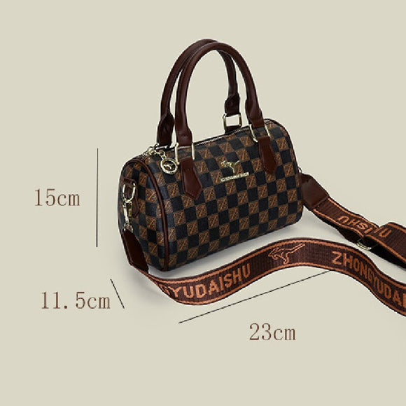 Khaki checkered pattern Stylish PU Leather Boston Bag - Elegant Retro Single Shoulder Crossbody Handbag for Women - RnR Galore
