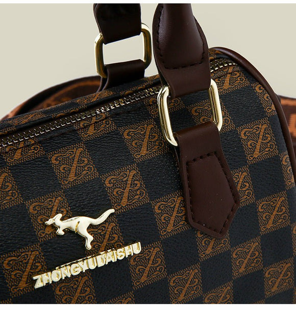Khaki checkered pattern Stylish PU Leather Boston Bag - Elegant Retro Single Shoulder Crossbody Handbag for Women - RnR Galore