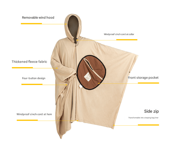 Khaki Cozy 4 - in - 1 Wearable Fleece Poncho Sleeping Bag - Multifunctional Camping Blanket with Detachable Hood - RnR Galore