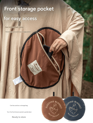 Khaki Cozy 4 - in - 1 Wearable Fleece Poncho Sleeping Bag - Multifunctional Camping Blanket with Detachable Hood - RnR Galore