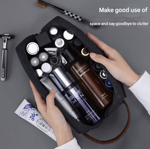 Khaki Men's Vintage Canvas Toiletry Bag PU Leather Accent Travel Wash Pouch Large Capacity Shaving Kit Organiser - RnR Galore