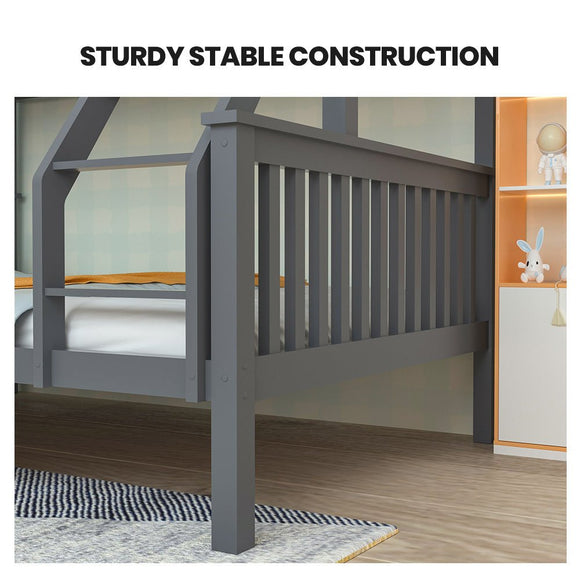 Kingston Slumber Bunk Bed Triple Wooden Single Over Double Beds for Kids, Solid Pine Wood, Convertible Design, Grey - RnR Galore