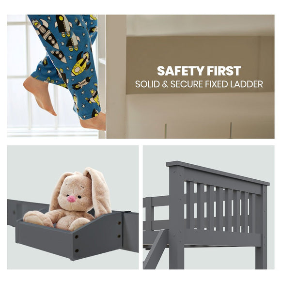 Kingston Slumber Bunk Bed Triple Wooden Single Over Double Beds for Kids, Solid Pine Wood, Convertible Design, Grey - RnR Galore