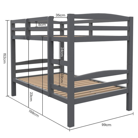 KINGSTON SLUMBER Single Bunk Bed Frame, Solid Pine 2 - in - 1 Modular Design, Converts to 2 Single Beds, For Kids, Grey - RnR Galore