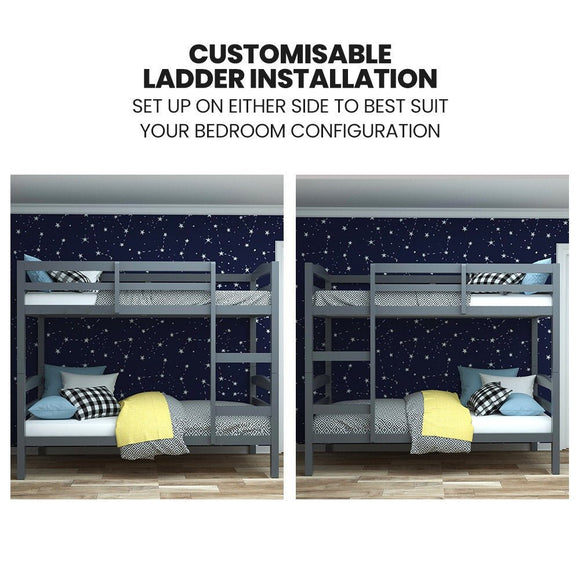 KINGSTON SLUMBER Single Bunk Bed Frame, Solid Pine 2 - in - 1 Modular Design, Converts to 2 Single Beds, For Kids, Grey - RnR Galore