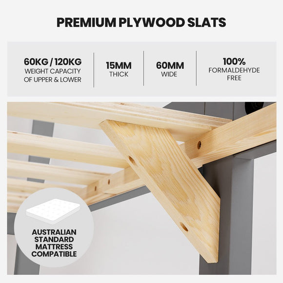 Kingston Slumber Single Bunk Bed Frame Solid Pine Wood Timber, Modular Design, Grey - RnR Galore