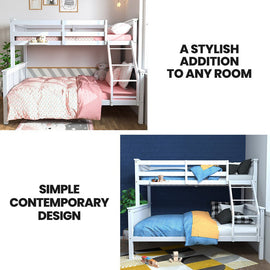 Kingston Slumber Single Over Double Wooden Bunk Bed Frame, Triple Solid Pine 2 - in - 1 Modular Design, Converts to 2 Beds, For Kids, White - RnR Galore