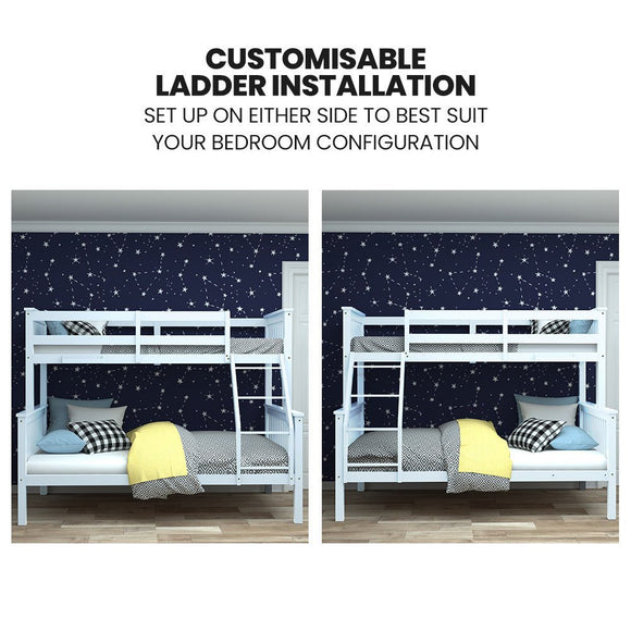 Kingston Slumber Single Over Double Wooden Bunk Bed Frame, Triple Solid Pine 2 - in - 1 Modular Design, Converts to 2 Beds, For Kids, White - RnR Galore