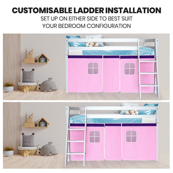 Kingston Slumber Wooden Kids Single Loft Bed Frame - Hiding Space Underneath with Interchangeable Pink and Blue Curtains - RnR Galore