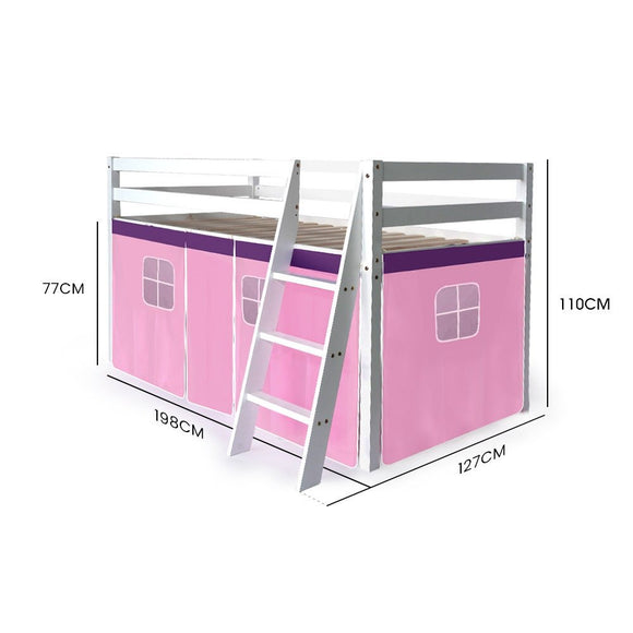 Kingston Slumber Wooden Kids Single Loft Bed Frame - Hiding Space Underneath with Interchangeable Pink and Blue Curtains - RnR Galore