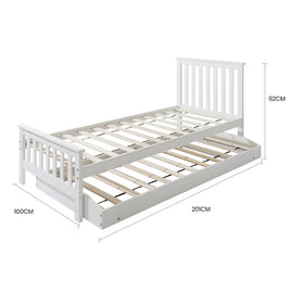 KINGSTON SLUMBER Wooden Single Bed Frame w/ Pop Up Trundle, for Kids Bedroom, White - RnR Galore