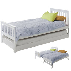 KINGSTON SLUMBER Wooden Single Bed Frame w/ Pop Up Trundle, for Kids Bedroom, White - RnR Galore