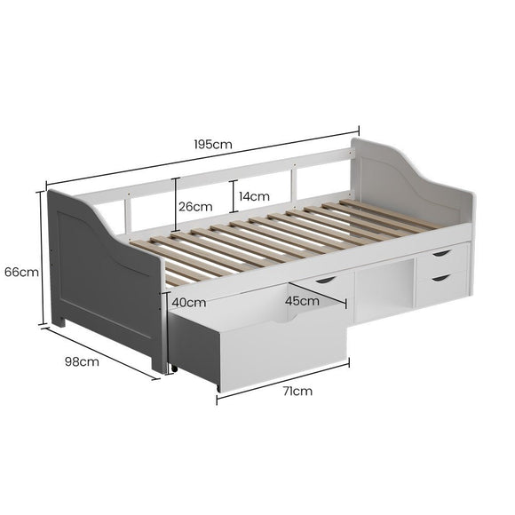 Kingston Slumber Wooden Single Sofa Bed Frame with Storage Drawers - White - RnR Galore