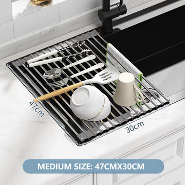 Kitchen Roll - Up Dish Drying Rack Foldable Drainer Over Sink 304 - Stainless Steel(Medium:47*30cm) - RnR Galore