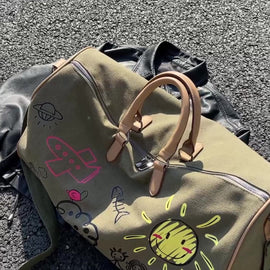 Large Capacity Canvas Travel Duffel Bag with Doodle Print - Weekend & Gym Tote(black) - RnR Galore