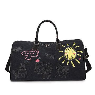 Large Capacity Canvas Travel Duffel Bag with Doodle Print - Weekend & Gym Tote(black) - RnR Galore