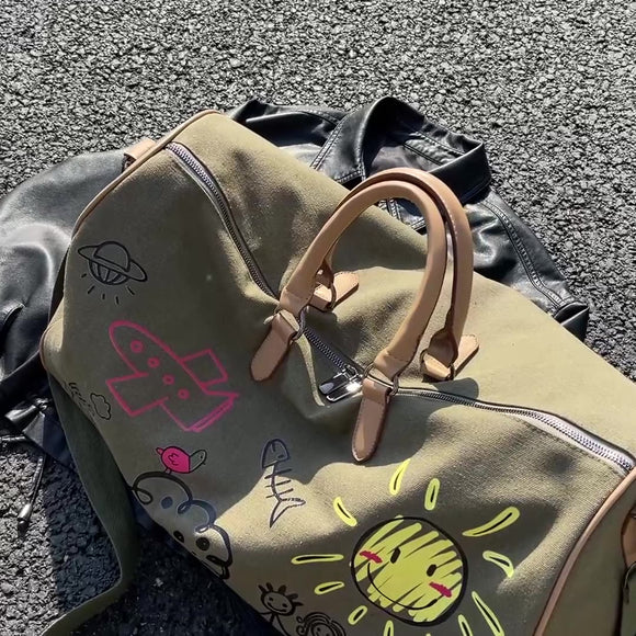 Large Capacity Canvas Travel Duffel Bag with Doodle Print - Weekend & Gym Tote(Coffee) - RnR Galore