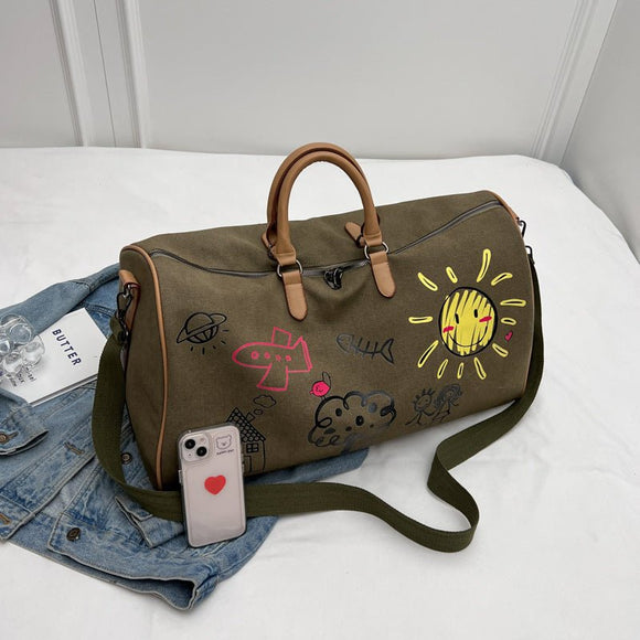 Large Capacity Canvas Travel Duffel Bag with Doodle Print - Weekend & Gym Tote(Coffee) - RnR Galore