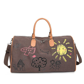 Large Capacity Canvas Travel Duffel Bag with Doodle Print - Weekend & Gym Tote(Coffee) - RnR Galore