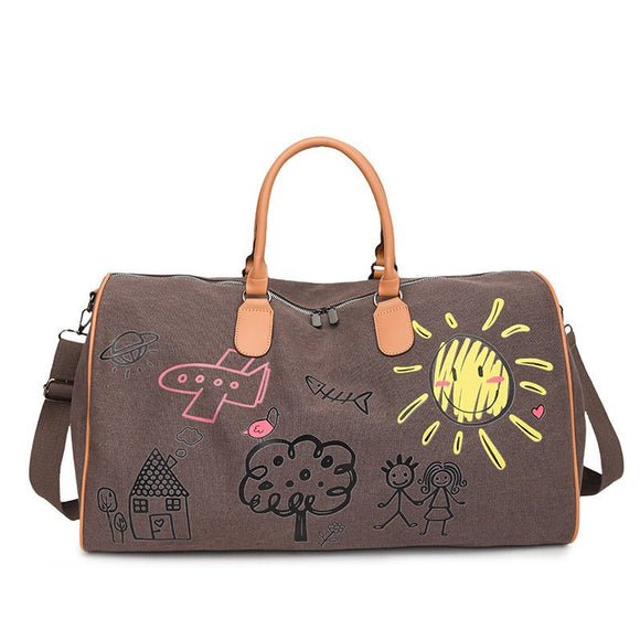 Large Capacity Canvas Travel Duffel Bag with Doodle Print - Weekend & Gym Tote(Coffee) - RnR Galore