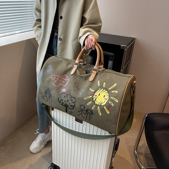 Large Capacity Canvas Travel Duffel Bag with Doodle Print - Weekend & Gym Tote(Green) - RnR Galore