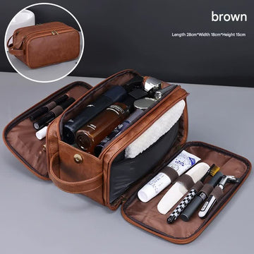 Large Capacity PU Leather Toiletry Bag - Multi - Compartment Dopp Kit & Cosmetic Organizer(Brown) - RnR Galore