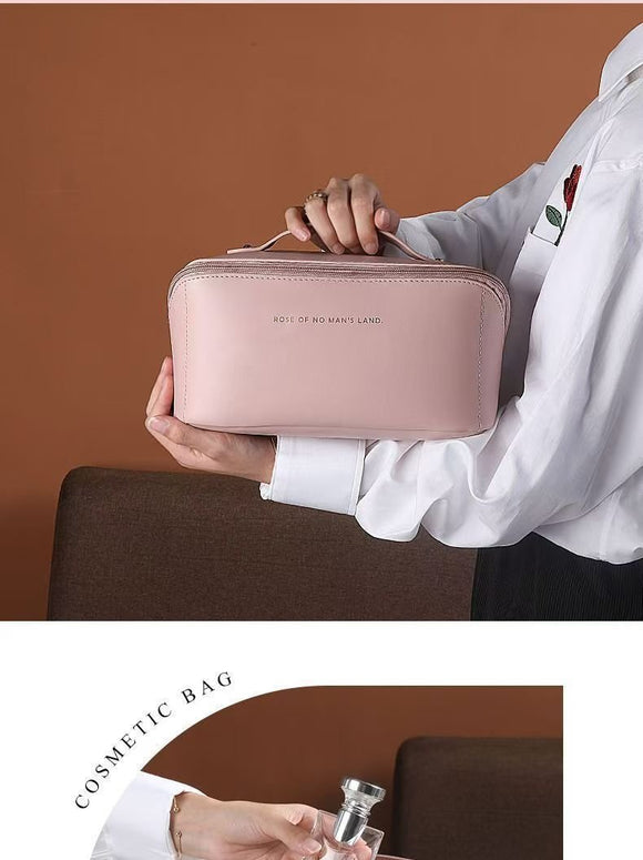 Large Capacity Travel Cosmetic Bag Portable PU Leather Pillow Pouch Waterproof Make Up Organiser Toiletry Case with Handle Apricot White - RnR Galore