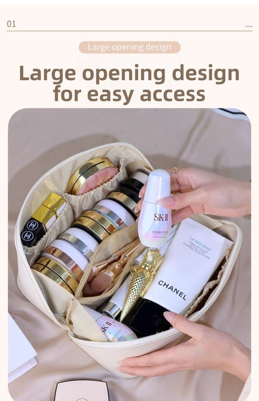 Large Capacity Travel Cosmetic Bag Portable PU Leather Pillow Pouch Waterproof Make Up Organiser Toiletry Case with Handle Apricot White - RnR Galore