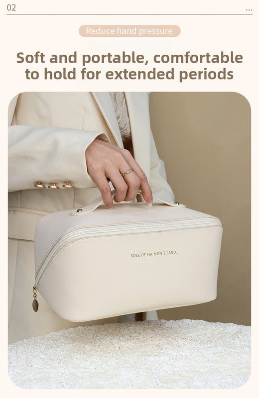 Large Capacity Travel Cosmetic Bag Portable PU Leather Pillow Pouch Waterproof Make Up Organiser Toiletry Case with Handle Apricot White - RnR Galore